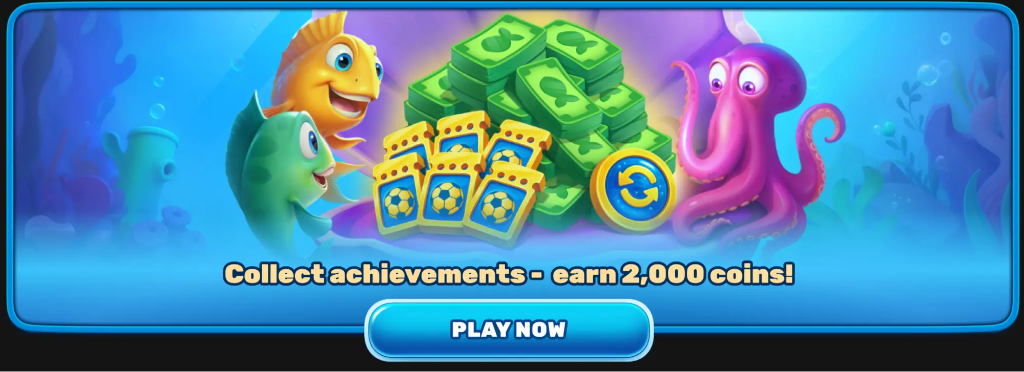 Un pesce giallo e uno verde osservano pile di denaro, biglietti sportivi dorati e una moneta blu accanto a un polpo viola in un vivace scenario subacqueo.